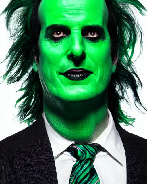 Prompt: Will Arnett as Beetlejuice, makeup, green hair, cinematic lighting, 4k photograph