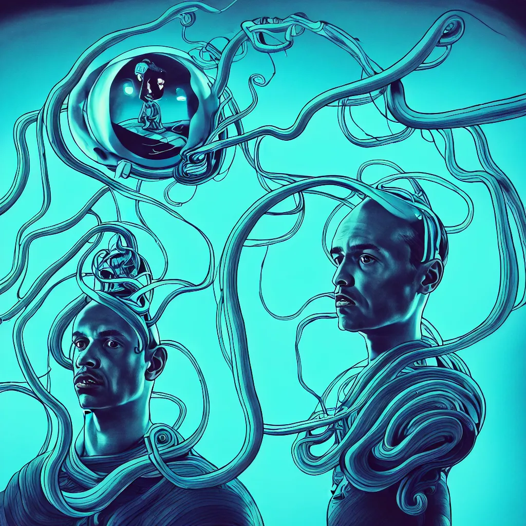 Image similar to an eternal self portrait by the artist kelbv, in distinct hyper detailed style with tubes neatly curving around his head, and inflated body filled with light blue and teal truncated tetrahedra, perfect studio lighting against a backdrop of a still from the movie flight of the squid.