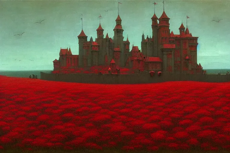 Image similar to only with red, red flowers of different types, red castle in background, red medieval goblins, in the style of beksinski, parts by edward hopper, parts by rodcenko, parts by yue minjun, intricate and epic composition, red by caravaggio, insanely quality, highly detailed, masterpiece, red light, artstation, 4 k