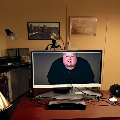 Image similar to obese David Lynch wearing a headset yelling at his monitor while playing WoW highly detailed wide angle lens 10:9 aspect ration award winning photography Twin Peaks