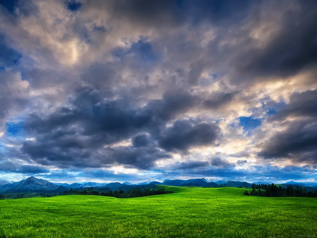 Image similar to windows bliss wallpaper, green hill, blue partly cloudy sky, 4 k, highly detailed, professional photography, by marc adamus