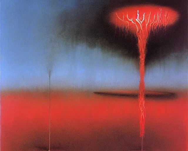 Image similar to fire painting by yves tanguy and beksinski.