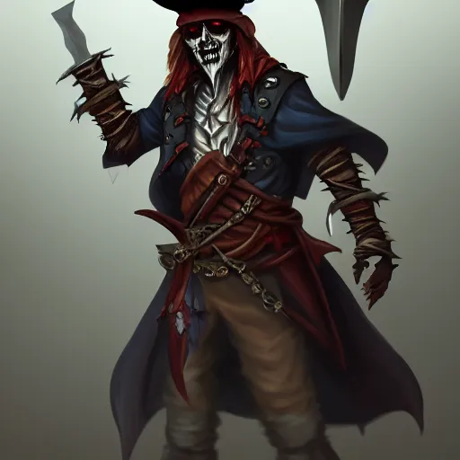 Prompt: D&D character art of undead pirate captain wielding a sandstone rapier and sandstone dagger, weapons made of sandstone. Wearing a hat with an impressive feather and with a brutal scar across his neck. Dark magic, necromancy, dark lighting, flux. High fantasy, digital painting, HD, 4k