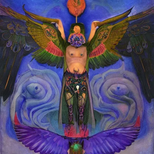 Prompt: the raven god-king, by Annie Swynnerton and Nicholas Roerich and Diego Rivera, bioluminescent skin, tattoos, wings made out of flowers, elaborate costume, geometric ornament, symbolist, cool colors like blue and green and violet, smooth, sharp focus, extremely detailed