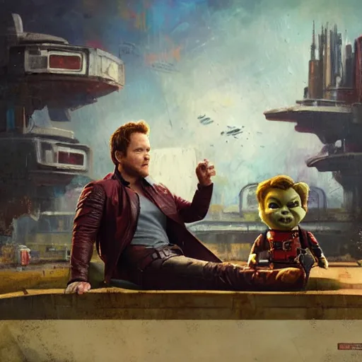 Image similar to the actor chris pratt as star lord sitting beside the doll chucky, disney land as backdrop, oil painting, by greg rutkowski