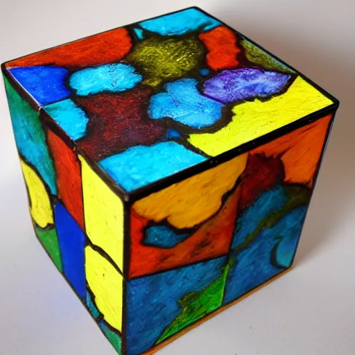 Image similar to fantasy cube in the style of Sylvia Molloy, English/South African artist and teacher, wide angle