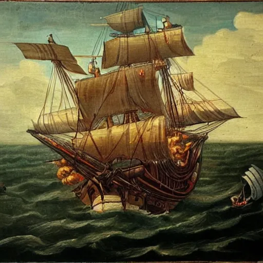 Image similar to an old 1 7 2 0 painting of blackbeard on his ship while a lighting strucks into the ship,