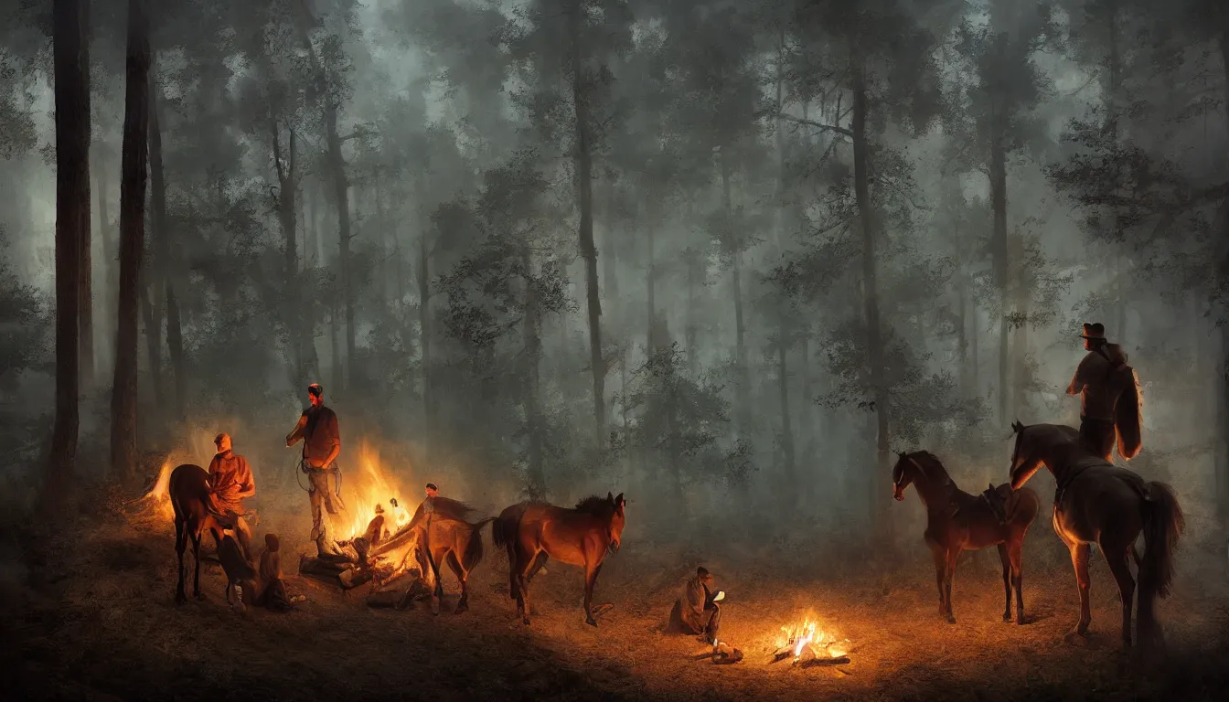 Image similar to a man and his horse camping by a small fire, in a mystical forest at night, intricate, elegant, volumetric lighting, digital painting, highly detailed, artstation, sharp focus, illustration, concept art, ruan jia, steve mccurry
