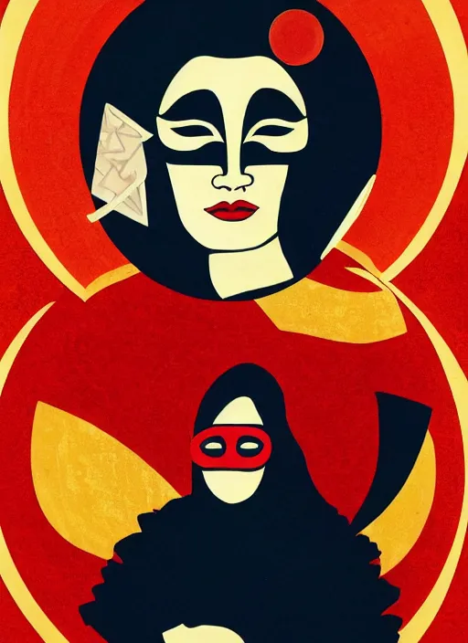 Prompt: portrait of a woman with a mask on his face in the form of a spiral in a golden kimono, full face, against the background of a bright red moon, sad motif, by shepard fairey, dramatic, soft colors, futuristic, 8 k