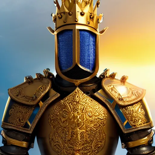 Image similar to a highly detailed knight in a T golden helmet and a golden crown with a blue diamond in the center, golden armor, leather clothes under the armor, leather gloves, holds a black sword, artstation, DeviantArt, professional, octane render, sunset lighting