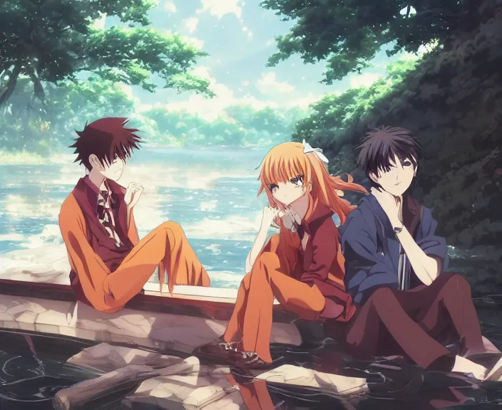 Image similar to anime key visual of a young man anime and young woman anime sitting together on one single boat. Romantic. Girl has auburn hair. Boy has short black hair. Narrow river in a forest, rocky shore, trees, shady, blue waters, ripples, waves, reflections, details, sharp focus, illustration, by Jordan Grimmer and greg rutkowski, Trending artstation, pixiv, digital art