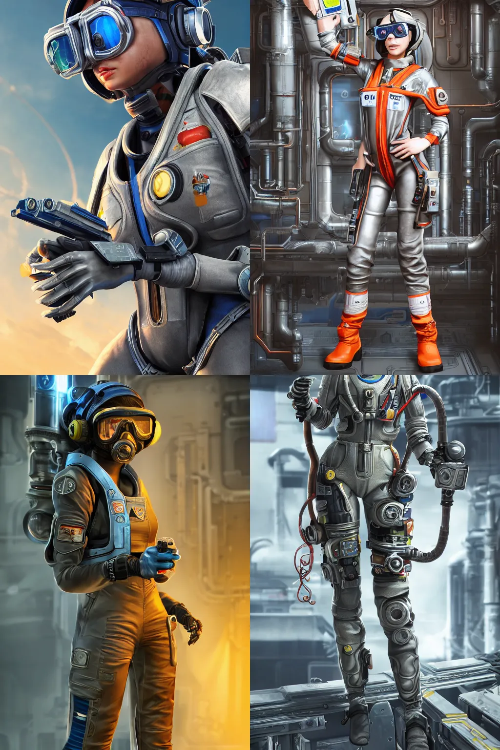 Prompt: highly detailed full body character art of a female engineer wearing futuristic overalls, goggles, toolbelt, holding a wrench, Starcraft 2 videogame character, futuristic, serious, concentrated, industrial aesthetic, full body, highly detailed, photo realistic, technical atmosphere, 8K, octane render, unreal engine