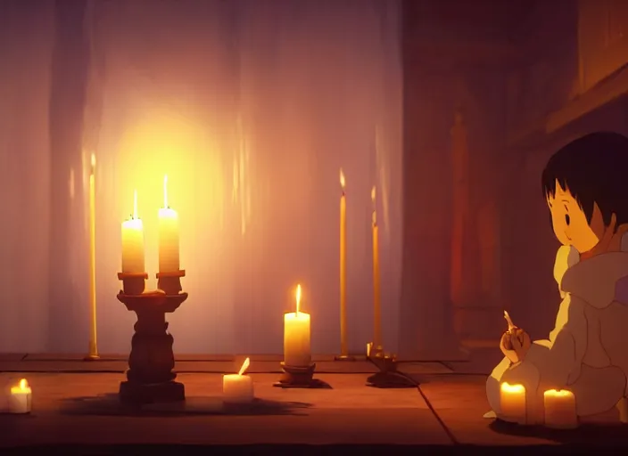 Image similar to a night ritual, being lit by candles, medium shot, studio ghibli, pixar and disney animation, sharp, rendered in unreal engine 5, anime key art by greg rutkowski, bloom, dramatic lighting