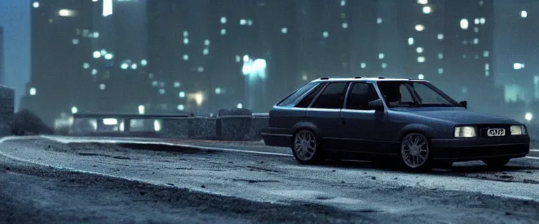 Prompt: Aqua Metallic Audi RS 2 Avant (1995), black car, a gritty neo-noir, dramatic lighting, cinematic, establishing shot, extremely high detail, photorealistic, cinematic lighting, artstation, by simon stalenhag, Max Payne (PC) (2001) winter new york