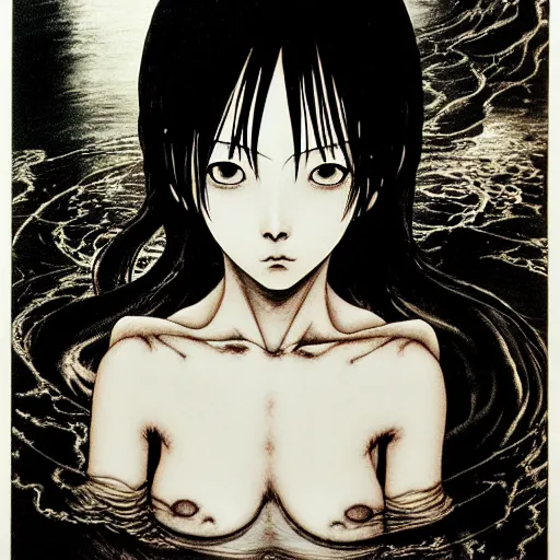 Image similar to prompt: Black and white Fragile looking vessel portrait face drawn by Katsuhiro Otomo, nymph in the water performing alchemy, intricate oil painting, soft light, intricate detail, intricate oil painting detail, sharp high detail, manga and anime 2000