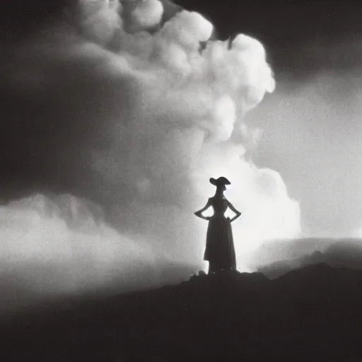 Image similar to 1 9 7 0's artistic spaghetti western movie, a woman in a giant billowy wide flowing waving dress made out of white smoke, standing inside a dark western rocky scenic landscape, volumetric lighting, backlit, moody, atmospheric