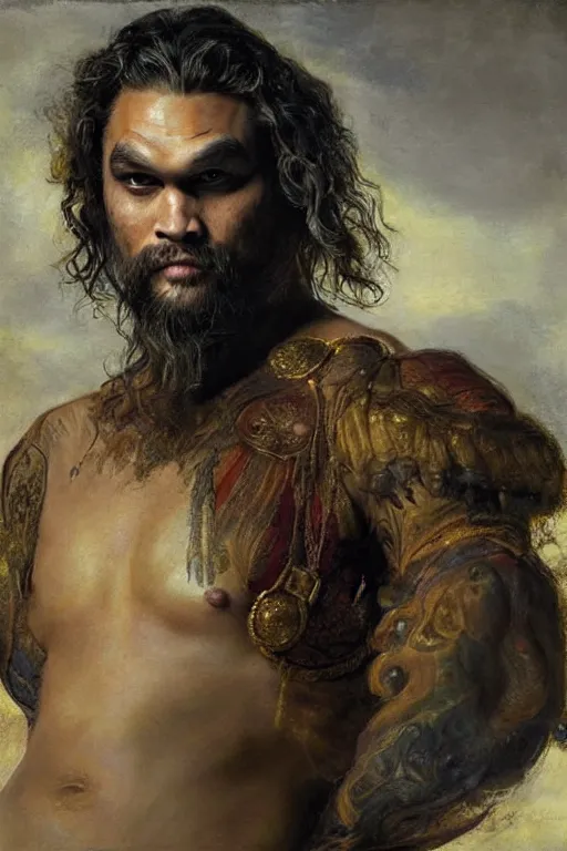 Prompt: royal portrait of Jason Momoa, painting, detailed, by Rembrandt