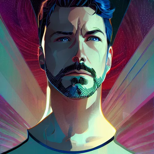 Prompt: Ben Affleck as Tony Stark, ambient lighting, 4k, alphonse mucha, lois van baarle, ilya kuvshinov, rossdraws, artstation