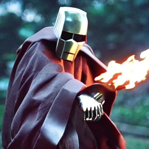 Image similar to cinematic film still MF Doom starring as a Samurai holding fire, Japanese CGI, VFX, 2003, 40mm lens, shallow depth of field,film photography