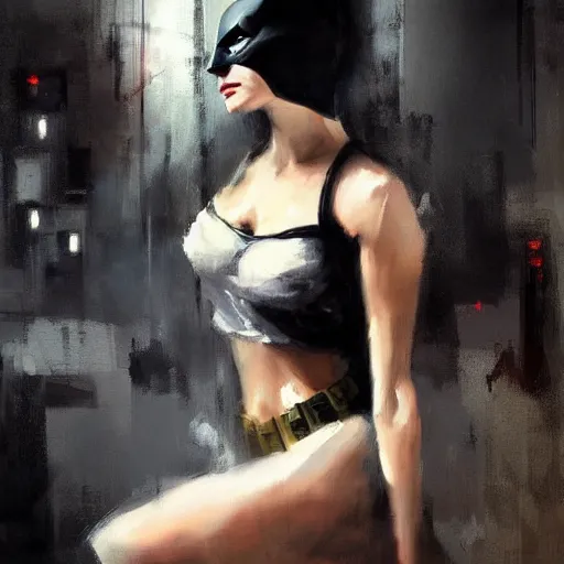 Image similar to a feminine version of female batman jeremy mann painting