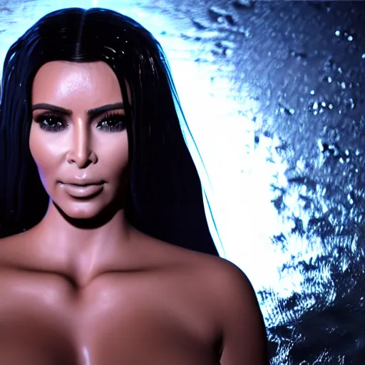 Image similar to epic still of kim kardashian trapped in a transparent alien liquid, wet flowing hair, gooey skin, illustration, unreal engine 5, 8 k, made by h. r. giger