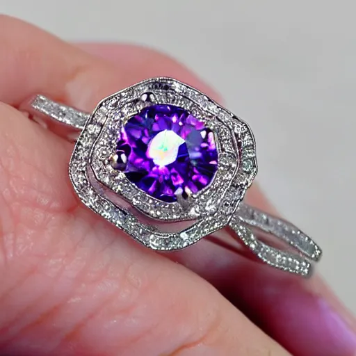 Image similar to a beautiful engagement ring made out of silver and purple fire, high quality, photo realistic, detailed, 8k