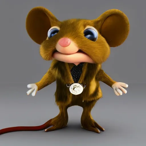 Image similar to 3d anthropomorphic rat, disney pixar, holding tommy gun, velvet, fur coat, high quality, golden necklace, fendi, high fashion