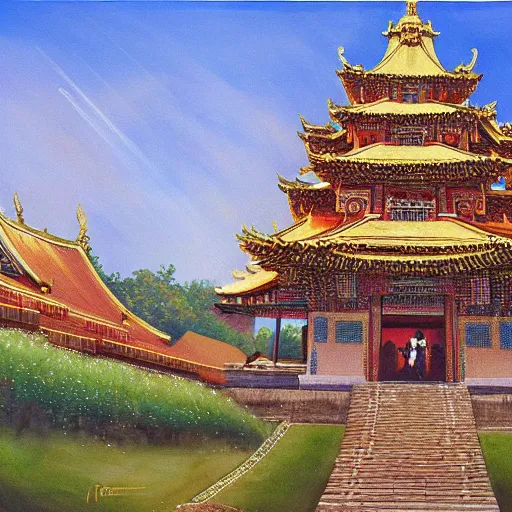 Prompt: a beautiful painting of a monument thathowe, a sacred site, pagoda, lightbeams, royal jewels, majestic medieval art by james gurney, no copyright name, aztec jad