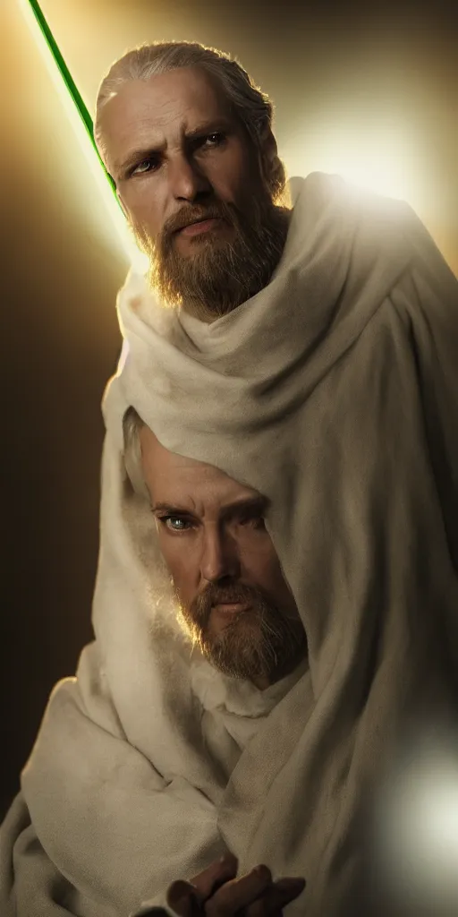 Image similar to A christian Jedi, detailed cinematic photography, rim light, sharp