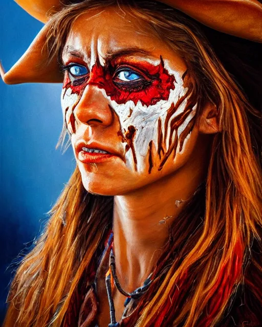 Image similar to oil painting portrait of scarred cowgirl with with burning glowing eyes, high production value, intricate details, high resolution, hdr, high definition, masterpiece, realistic, ultrarealistic, highly detailed, hd, sharp focus, non blurry, sharp, smooth