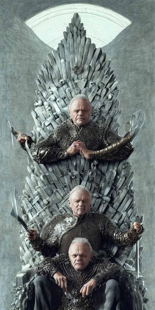 Prompt: anthony hopkins, majestic king on a throne, dungeons and dragons, fame of thrones masterpiece by edgar maxence and ross tran and michael whelan, gustav dore, 8 k, octane render