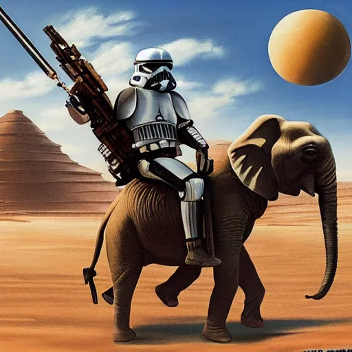 Prompt: painting of sormtrooper riding an elephant on the background of mos eisley on tatooine, intricate, high detail