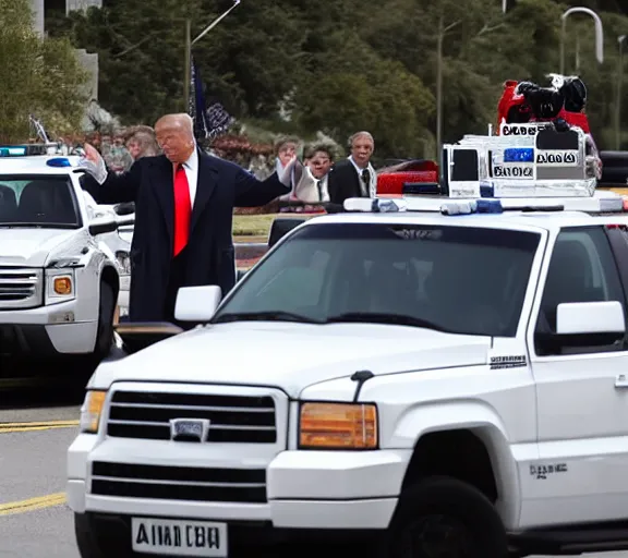 Image similar to highly detailed face shot of donald trump driving white suv, freeway, police cars, ap news photo