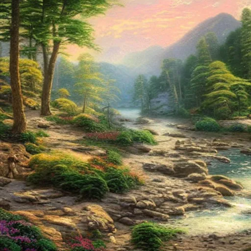 Prompt: a beautiful landscape, river, rocks, trees, by thomas kinkade