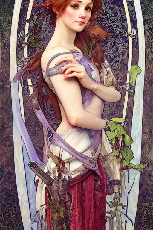 Prompt: realistic detailed painting of fae, as Anna from Frozen by Alphonse Mucha, Ayami Kojima, Amano, Charlie Bowater, Karol Bak, Greg Hildebrandt, Jean Delville, and Mark Brooks, Art Nouveau, Neo-Gothic, gothic, rich deep colors