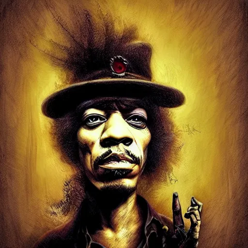 Prompt: surrealism grunge cartoon portrait sketch of Jimi Hendrix, by michael karcz, loony toons style, freddy krueger style, horror theme, detailed, elegant, intricate
