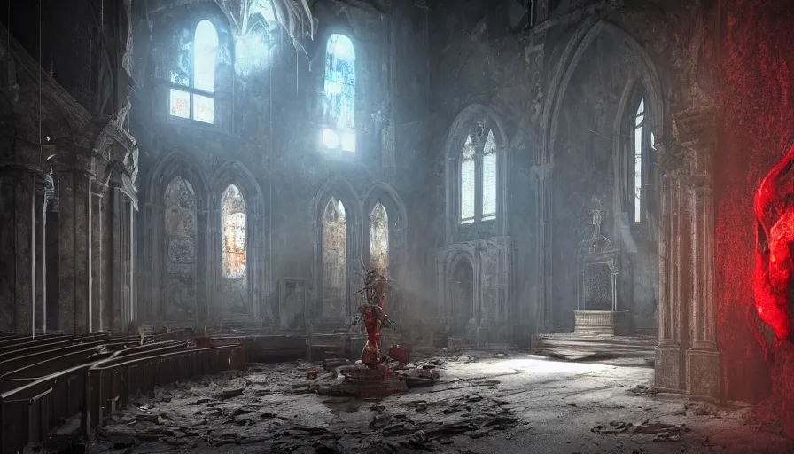 Image similar to astaroth manifests in an abandoned church at the vatican, 8 k, soft lighting, hdr, octane render, hr giger cinematic, red fluid on walls of the church, smoke, yasushi nirasawa style photorealistic, bokeh