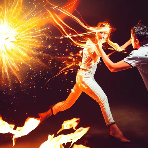 Image similar to action photography of a man and a woman fight in a magic duel. the man uses a black magic spell causing intense flames. the woman used a spell of white magic causing an avalanche of many bursts of light. several mirrors surround them and reflect their fight. atmosphere of intense pressure.