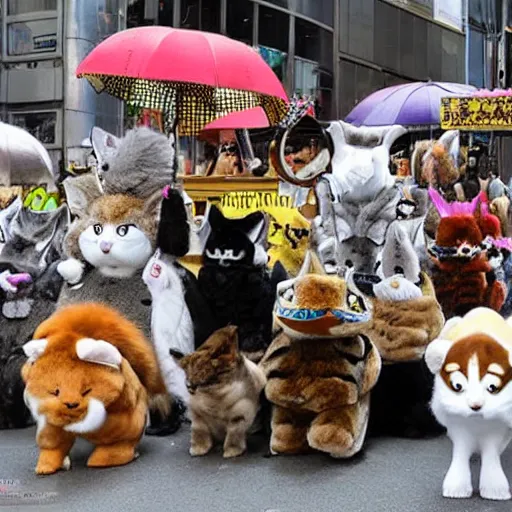 Image similar to furry critters on parade in shibuya by dali