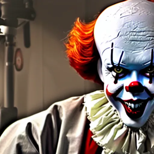 Image similar to a photograph of pennywise dressed as a doctor in a hospital, with a lab coat, with a stethoscope, hyperdetailed, intricate, dramatic, horror movie, movie still, 4 k realistic, volumetric lighting, sharp focus, american shot