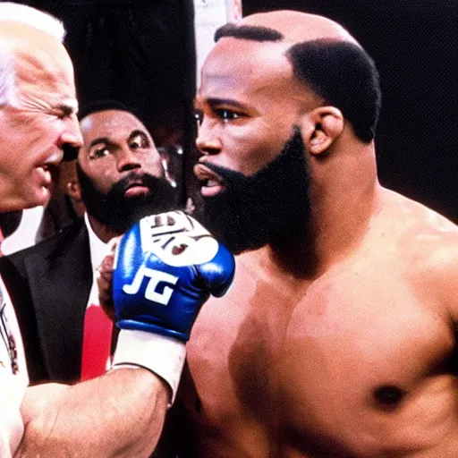 Prompt: mr. t punching joe biden in the ufc octagon, detailed facial expressions, 1 9 8 0 s aesthetic