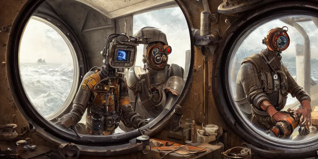 Image similar to highly detailed portrait painting of welder and angelina joile, mono single eye in porthole, by eddie mendoza and tyler edlin, 8 k resolution