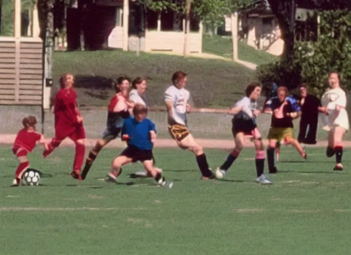 Image similar to Funny TV show in 90s. Color VHS footage. people playing soccer.