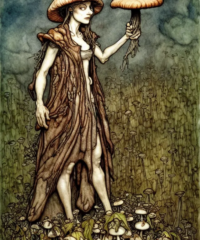 Prompt: A detailed funguswoman stands among the mushroom fields. Wearing a ripped mantle, robe. Perfect faces, extremely high details, realistic, fantasy art, solo, masterpiece, art by Arthur Rackham, Dariusz Zawadzki