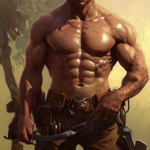 Image similar to portrait of a rugged ranger, muscular, upper body, blood, D&D, fantasy, intricate, elegant, highly detailed, digital painting, artstation, concept art, smooth, sharp focus, illustration, art by artgerm and greg rutkowski and alphonse mucha