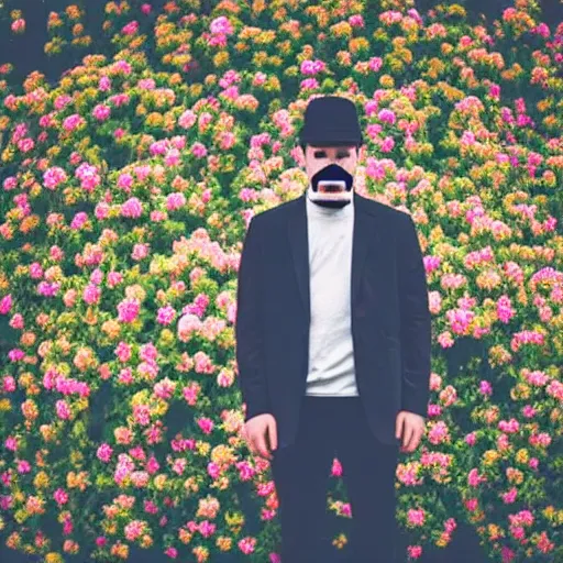 Prompt: photo portrait of a man with a moustache no beard standing in front of flowers, tumblr contest winner, aestheticism, masculine, aesthetic