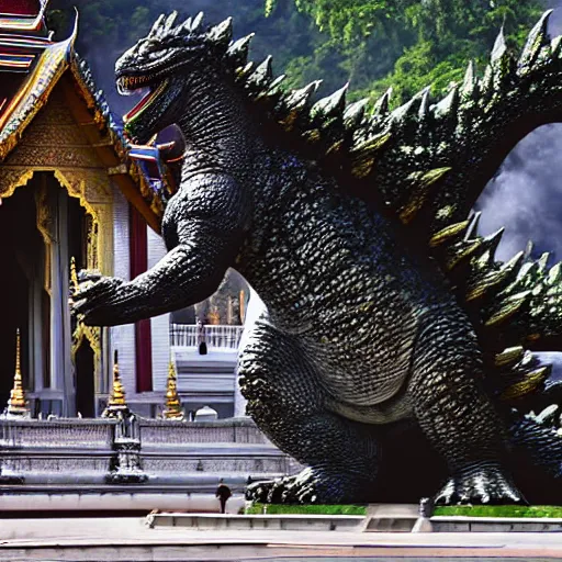 Prompt: Godzilla breaking the Royal Palace in Bangkok, colourized, photo, high quality