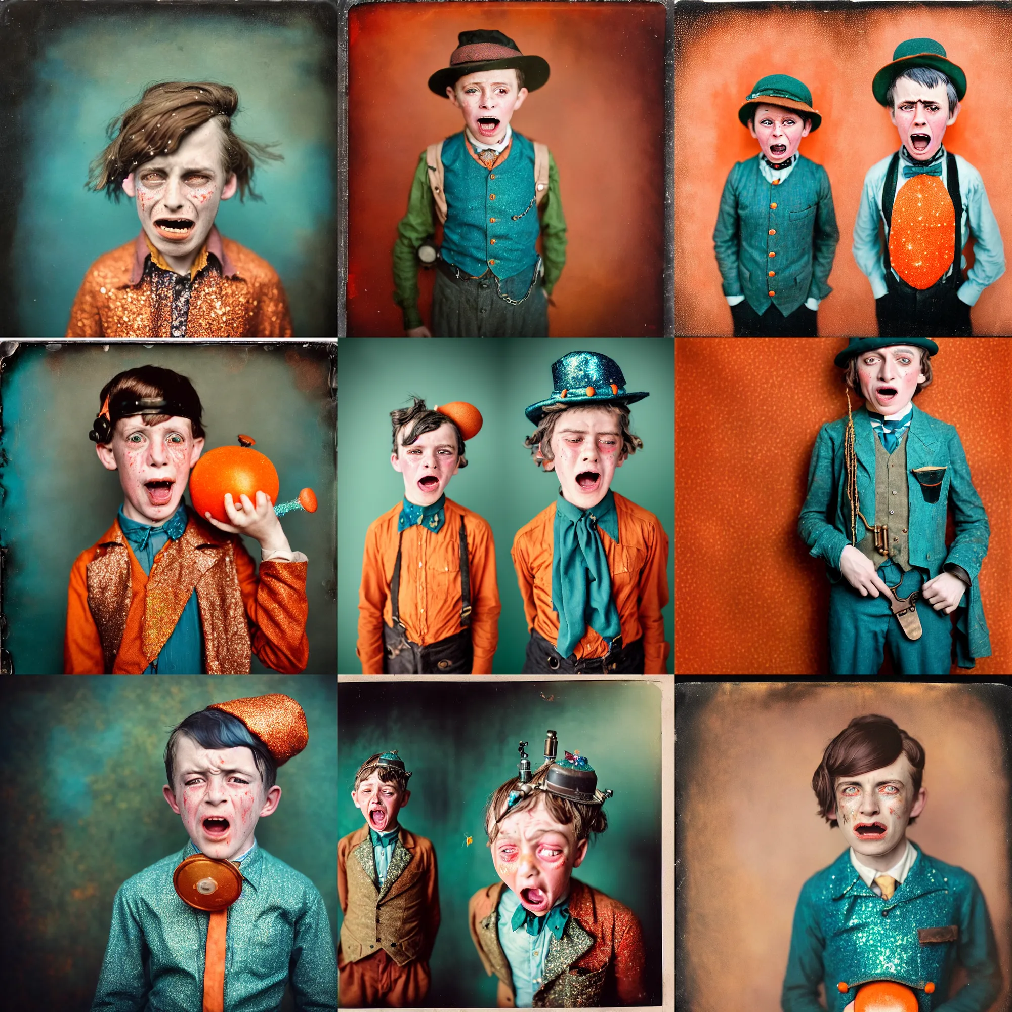 Prompt: kodak portra 4 0 0, wetplate, beautiful realistic character portrait photo of a screaming crying 8 year old steampunk boy hero in the 1 9 2 0 s, wearing a melon, 1 9 2 0 s cloth hair, coloured in teal and orange, muted colours, by britt marling, glitter storm