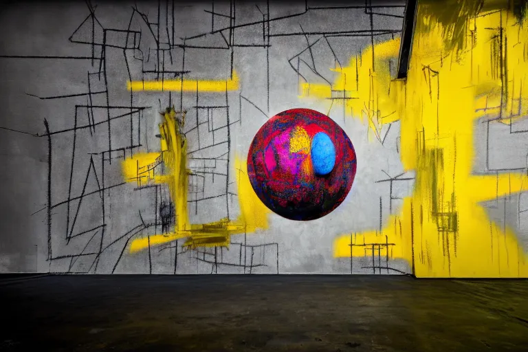 Prompt: creepy golden ball, multilayer glitch effect in spatial perceptron synapses, matte painting, 4 k, epic composition, volumetric light, abstract illusionism, by robert rauschenberg, konstantinas ciurlionis, jean - michel basquiat, pour paint, modern street art, grunge wall, industrial