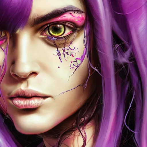 Image similar to detailed art portrait of a furious teen girl with thin, hair-like purple tentacles on her head and bright purple eyes, 8k,by tristan eaton, Stanley Artgermm,Tom Bagshaw,Greg Rutkowski,Carne Griffiths,trending on DeviantArt, face enhance,hyper detailed ,full of colour